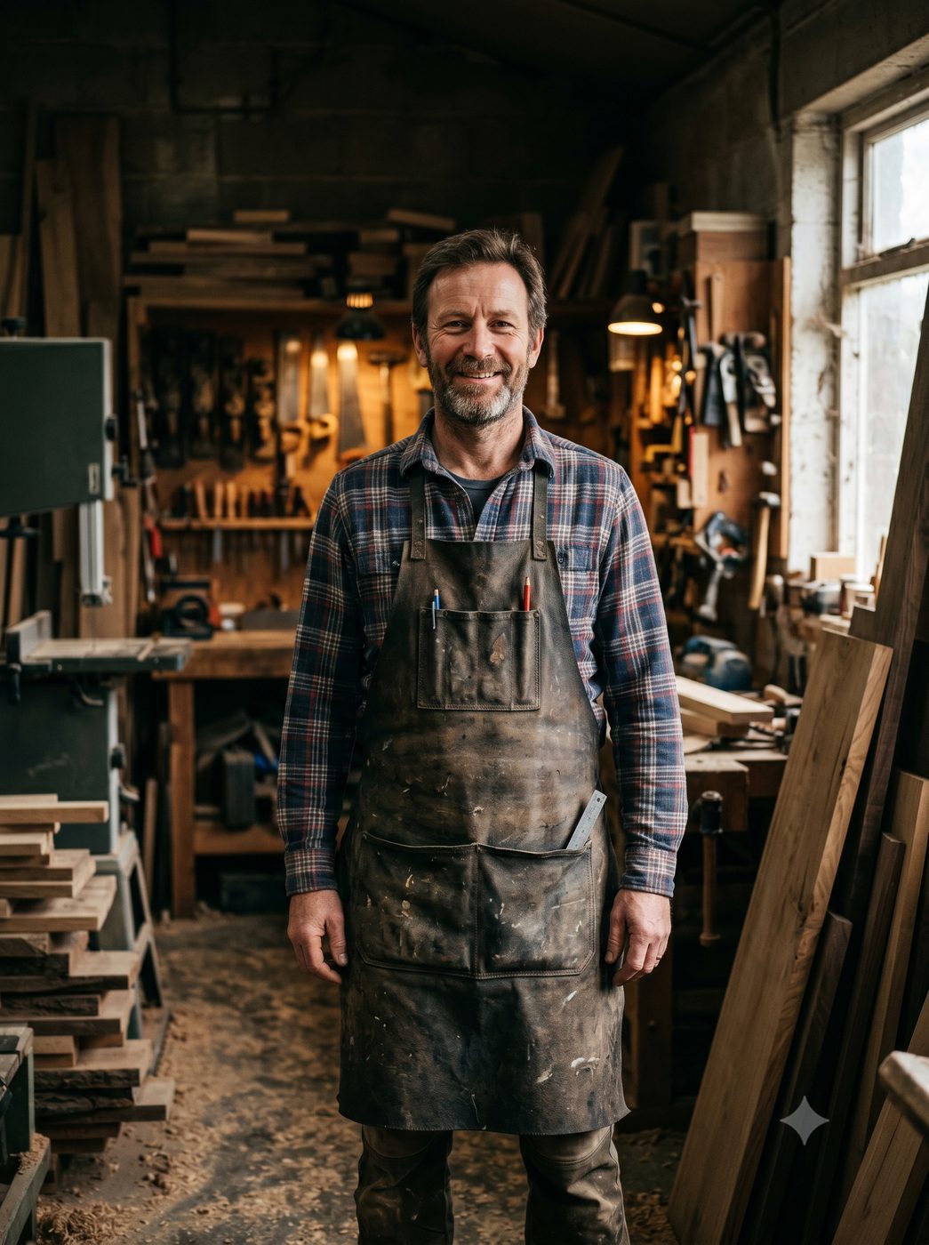 Dan Hartley, joiner, standing in his workshop in a work apron surrounded by tools and timber
