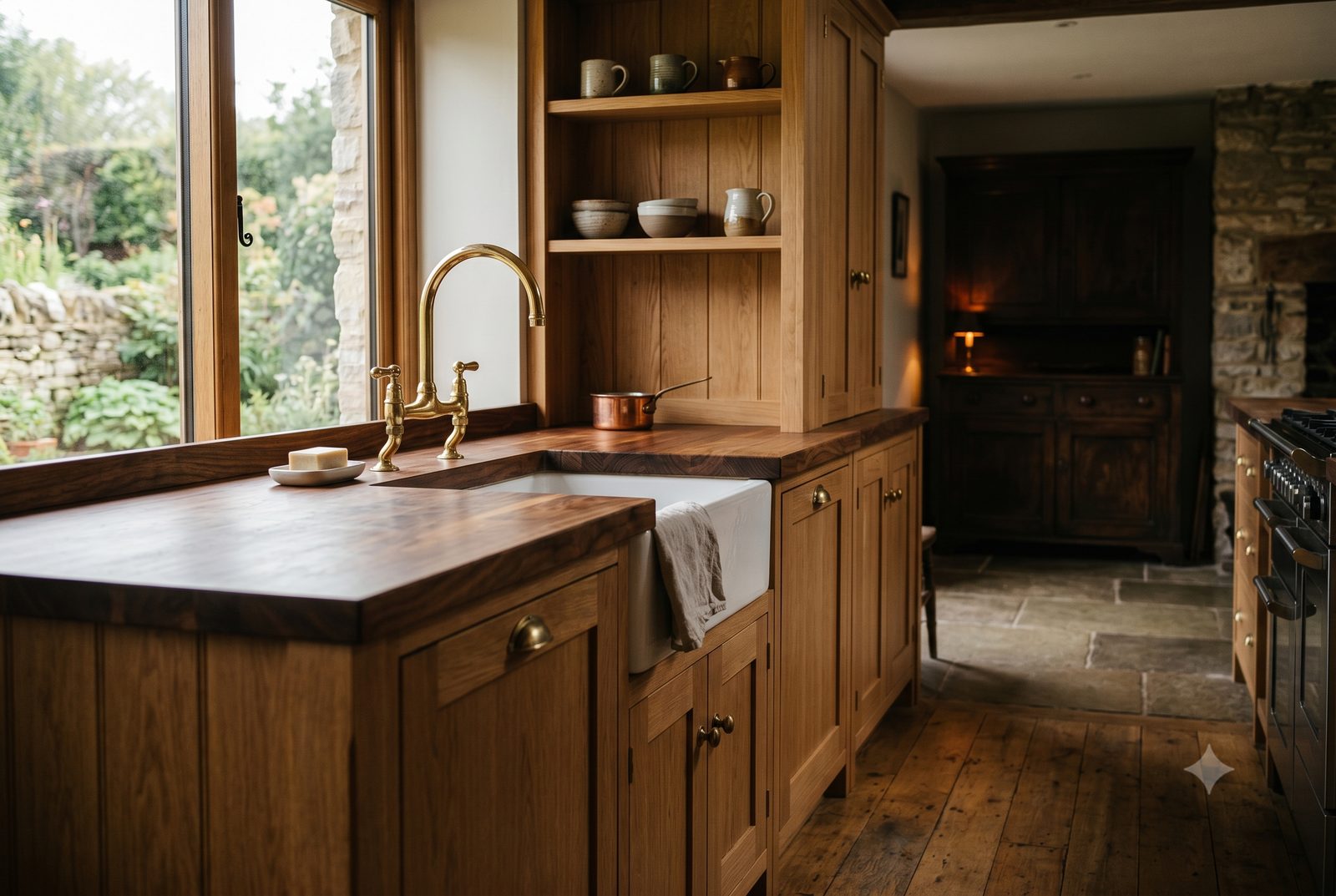 Handmade solid oak kitchen with a brass tap and butler sink in a period York home