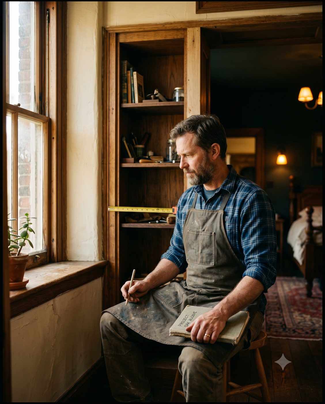Joiner measuring up an alcove in a period home with a notebook in hand