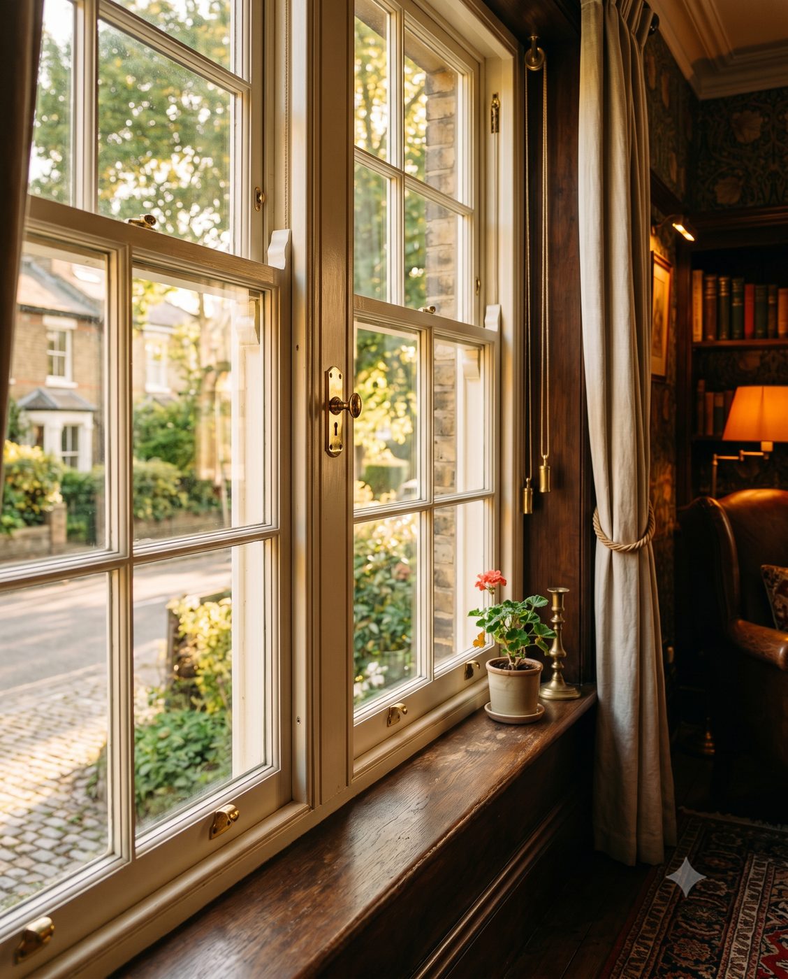 Restored Victorian timber box sash window with brass fittings in a period room