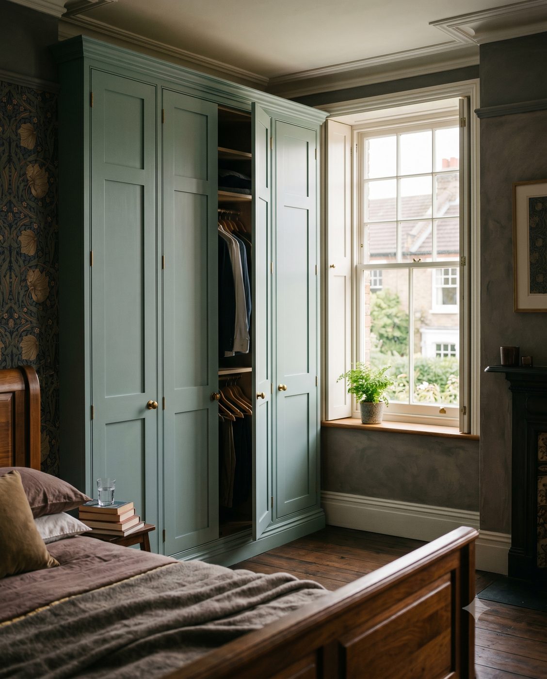 Sage-green bespoke fitted wardrobe built into the alcove of a period York bedroom